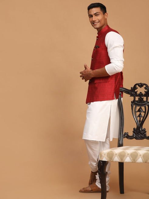 Men's Maroon Jacquard Nehru Jacket With Kurta Pyjama Set